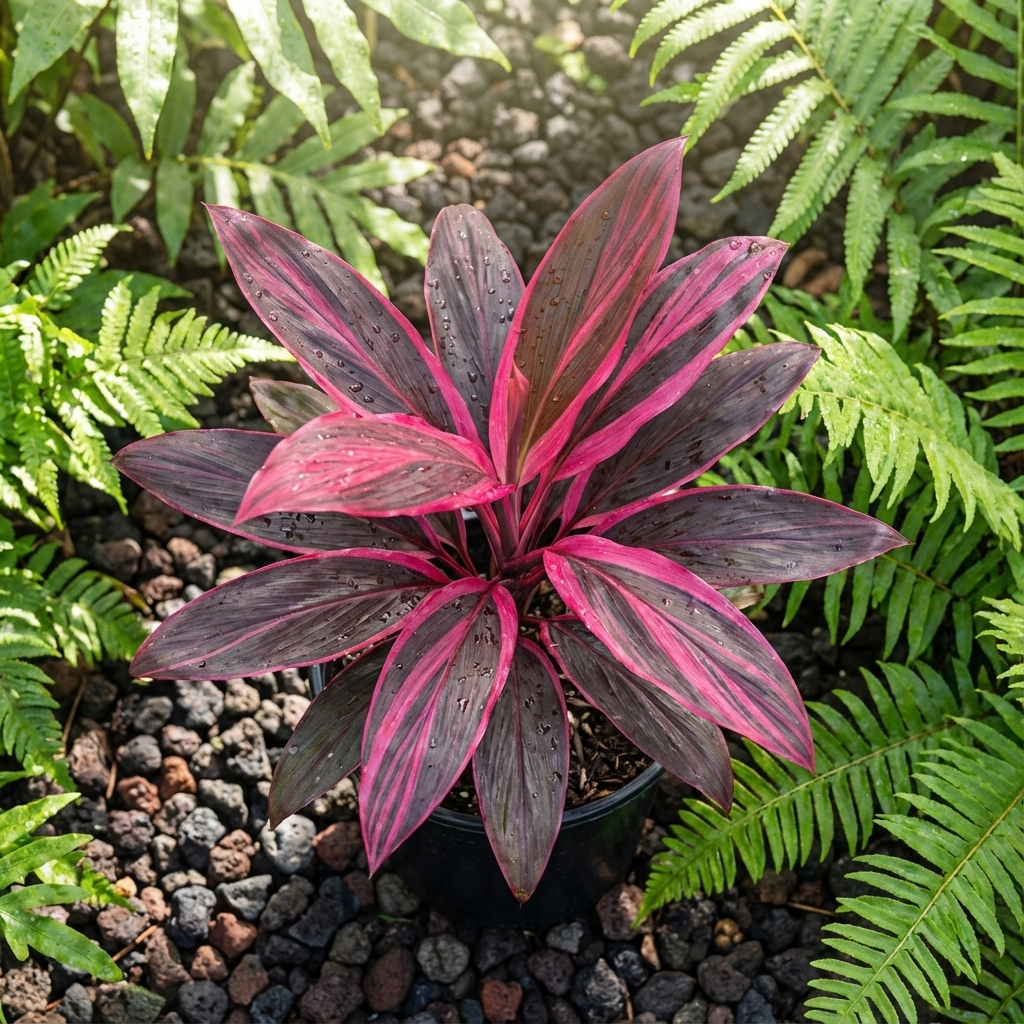 Pink Lady Ti Plant - Cordyline fruticosa ‘Pink Lady’ features dark green and bright pink leaves, paired with ferns on black gravel for a striking tropical display.