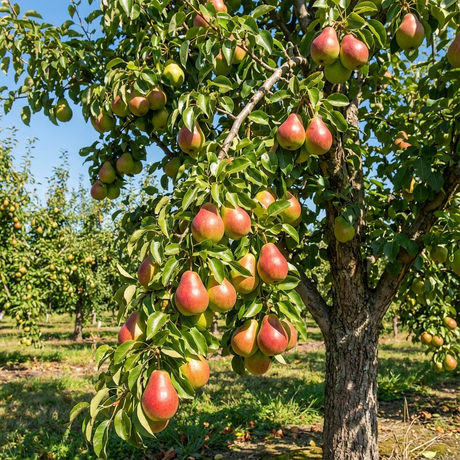 Corella Pear - Pyrus communis 'Corella': Clusters of red and green pears amid lush foliage make this tree a great pick for home orchards or backyard fruit gardens.