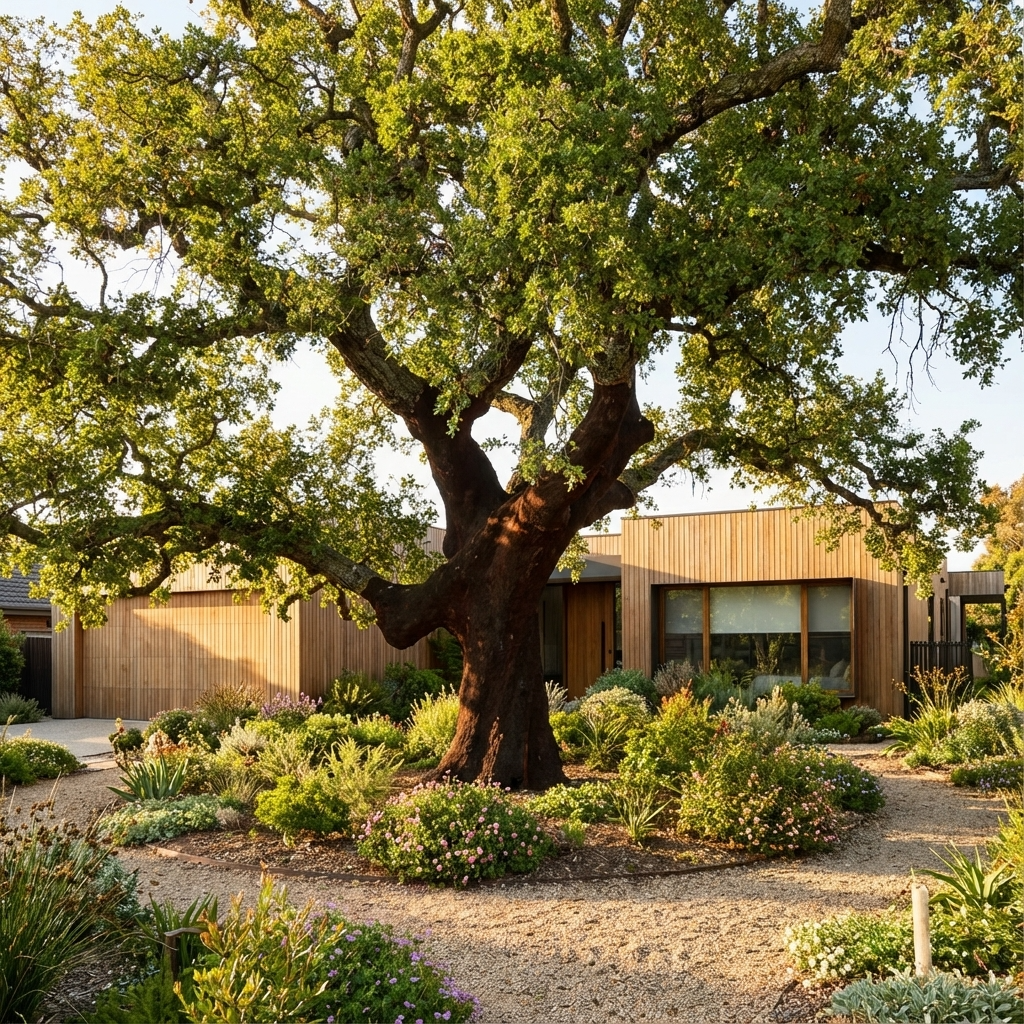A Cork Oak (Quercus suber) stands before a modern wooden house, its broad canopy providing impressive shade to the landscaped garden.
