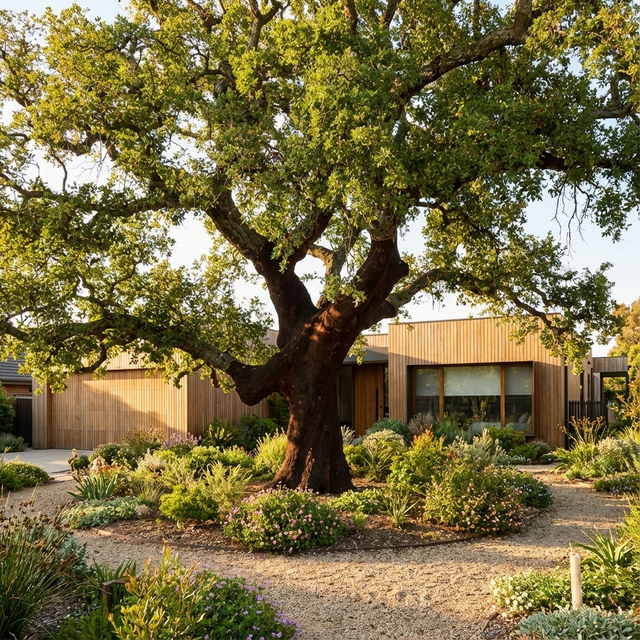 A Cork Oak (Quercus suber) stands before a modern wooden house, its broad canopy providing impressive shade to the landscaped garden.