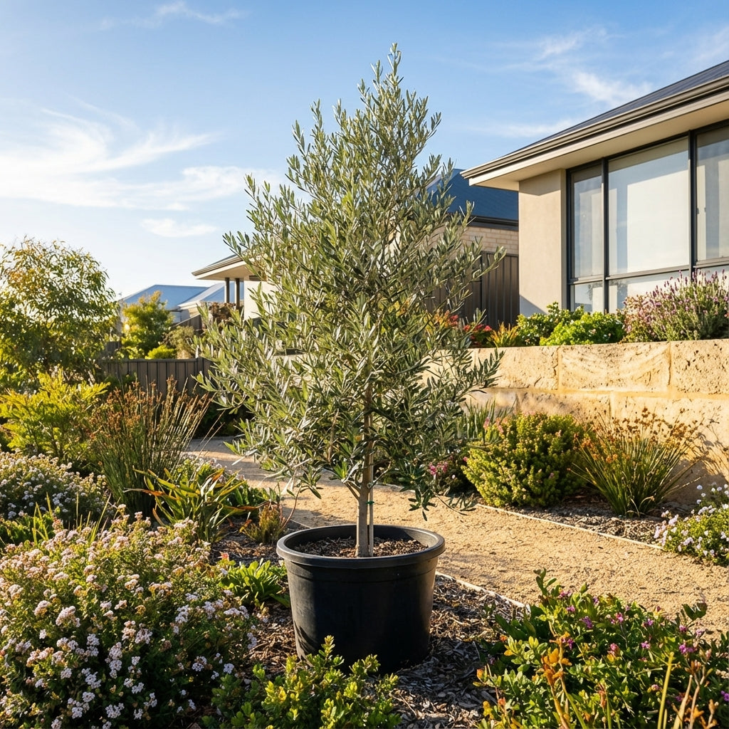 A Correggiolo Olive - Olea europaea ‘Correggiolo’, prized for drought tolerance, is potted in a landscaped garden before a modern house, basking in the sunshine.