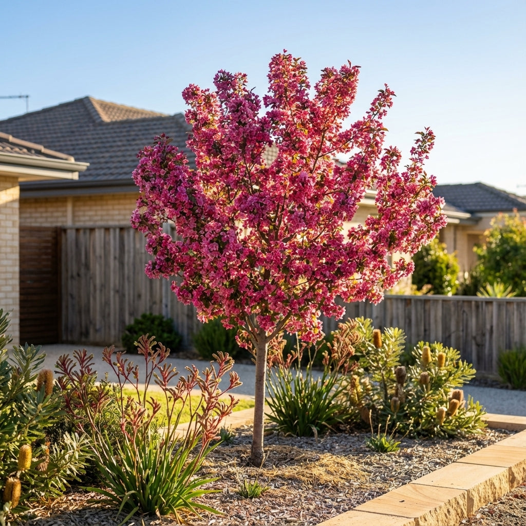 A Crab Apple - Malus ‘Profusion’, a small ornamental tree with bright pink blossoms, grows in a neatly landscaped front yard on a sunny day.