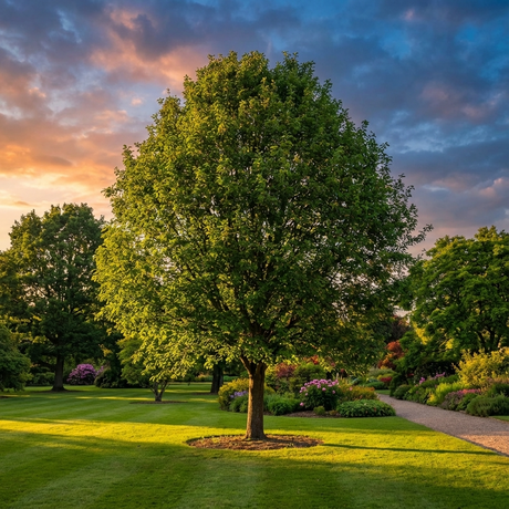 A leafy Crab Apple - Malus trilobata, an ornamental tree, stands in a sunlit garden with a path and colorful sunset sky.