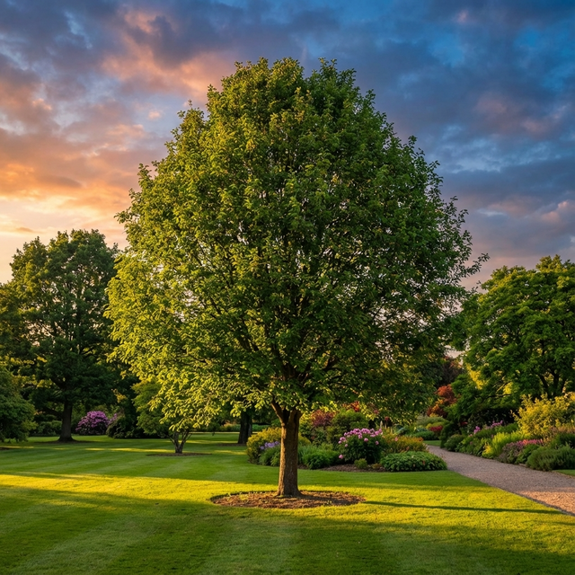 A leafy Crab Apple - Malus trilobata, an ornamental tree, stands in a sunlit garden with a path and colorful sunset sky.