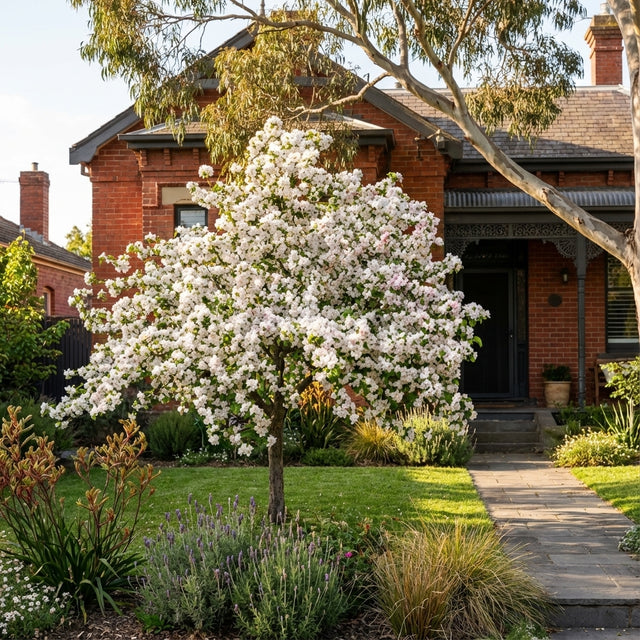 Crab Apple ‘Plena’ (Malus ioensis ‘Plena’) with white blossoms adorns the front yard of a brick house, highlighted by a garden and stone path.