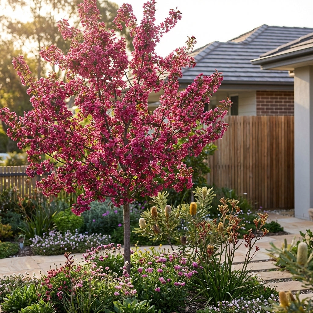 A Crab Apple ‘Raspberry Spear’ - Malus ‘Raspberry Spear’™ (JFS-KW213MX) blooms in a beautifully landscaped front yard garden at sunset.