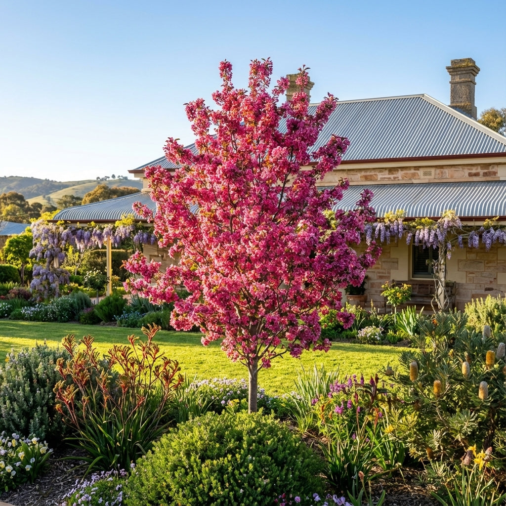 Crab Apple ‘Royal Raindrops’ (Malus ‘Royal Raindrops’™ JFS-KW5) brings vivid pink blooms and bold purple foliage to a garden with wisteria vines, set before a house framed by lush green hills.