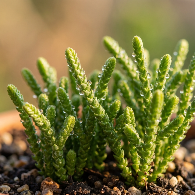 Close-up of the Watch Chain Plant - Crassula muscosa, its green stems dotted with water droplets and thriving in pebbly soil, highlights this succulent's intricate, architectural textures.