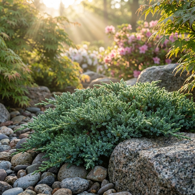 Creeping Juniper (Juniperus taxifolia Lutchuensis) is a low green ground cover shrub ideal for sunlit gardens, spreading over rocks with flowering bushes and trees, perfect for erosion control.