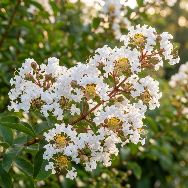 Clusters of white blooms decorate the Acoma Crepe Myrtle - Lagerstroemia 'Acoma', a compact tree with green leaves that shine in the sunlight.