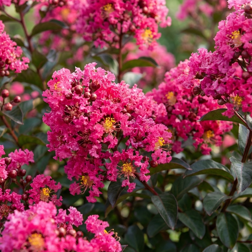 Clusters of vibrant pink summer flowers and dark green leaves make the Canopy Crepe Myrtle - Lagerstroemia indica 'Canopy' a stunning garden feature, perfect as an eye-catching shade tree.