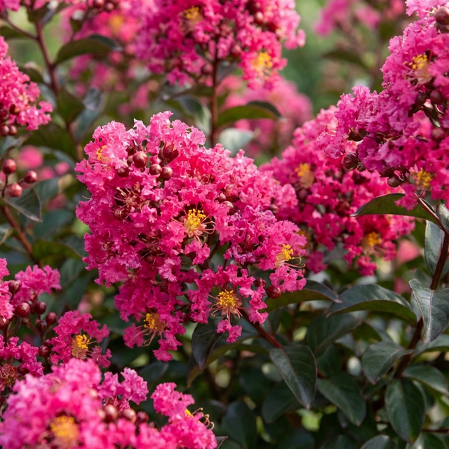 Clusters of vibrant pink summer flowers and dark green leaves make the Canopy Crepe Myrtle - Lagerstroemia indica 'Canopy' a stunning garden feature, perfect as an eye-catching shade tree.