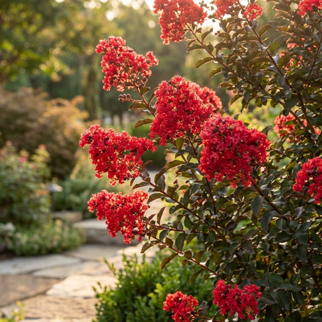 Grande Red™ Crepe Myrtle (Grande Red™ Lagerstroemia spp.) lines a sunlit garden path, showcasing vibrant blooms from this compact ornamental tree set against lush greenery.