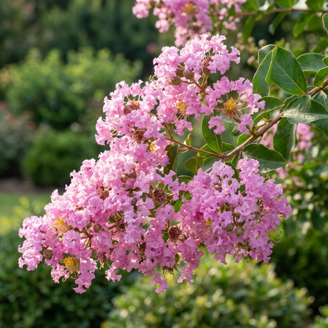 A branch of the Lipan Crepe Myrtle - Lagerstroemia 'Lipan', a compact flowering tree, showcases vibrant pink summer blooms and green foliage in a garden setting.
