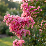 Branch of pink-flowering Miami Crepe Myrtle - Lagerstroemia 'Miami' in full bloom with green leaves and a soft garden backdrop. This drought-tolerant plant adds vibrant color to any landscape.