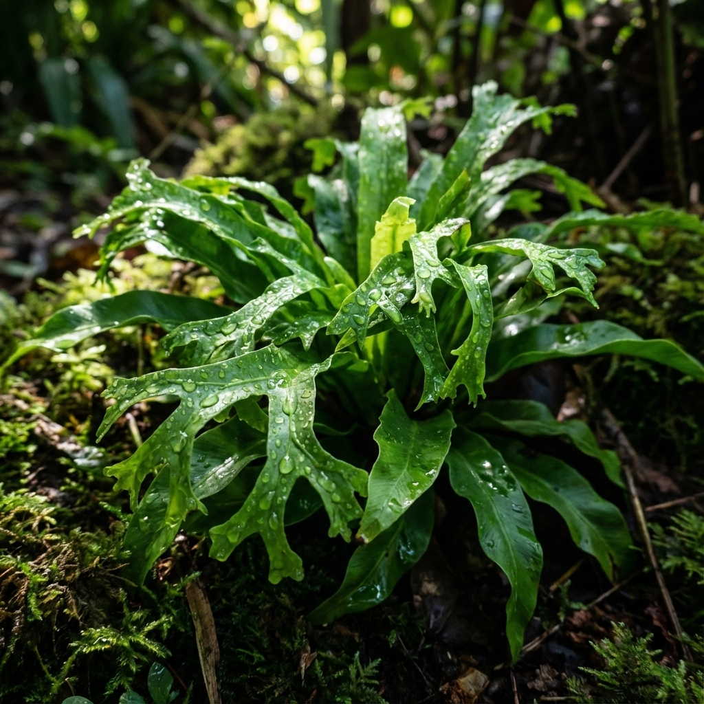 The Crested Bird’s Nest Fern - Asplenium antiquum 'Crissie' features bright green, jagged leaves often dotted with water droplets and thrives in filtered light, making it ideal for shaded, mossy environments.