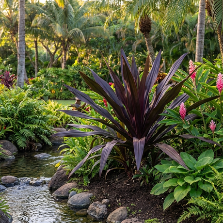 A tropical garden with lush plants, pink flowers, and a stream over rocks is highlighted by the ornamental Crinum menehune Wine Time, known for its striking burgundy foliage.