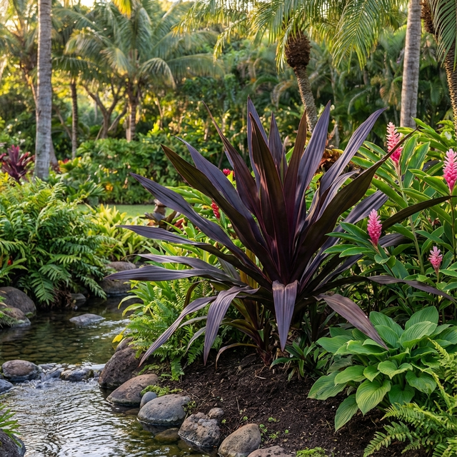 A tropical garden with lush plants, pink flowers, and a stream over rocks is highlighted by the ornamental Crinum menehune Wine Time, known for its striking burgundy foliage.