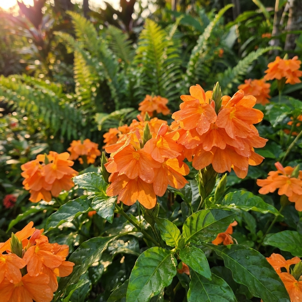 Clusters of vibrant orange blooms of the Fireglow Firecracker Flower (Crossandra infundibuliformis ‘Fireglow’) shimmer with water droplets among lush green leaves in the sunlight.