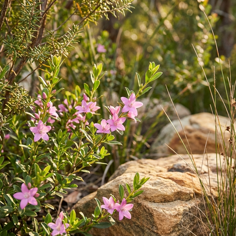 Pink star-shaped blooms of the Poorinda Ecstasy Waxflower (Crowea exalata hybrid 'Poorinda Ecstasy'), an Australian native, add vibrant color among green shrubs and rocks in a sunlit natural landscape.