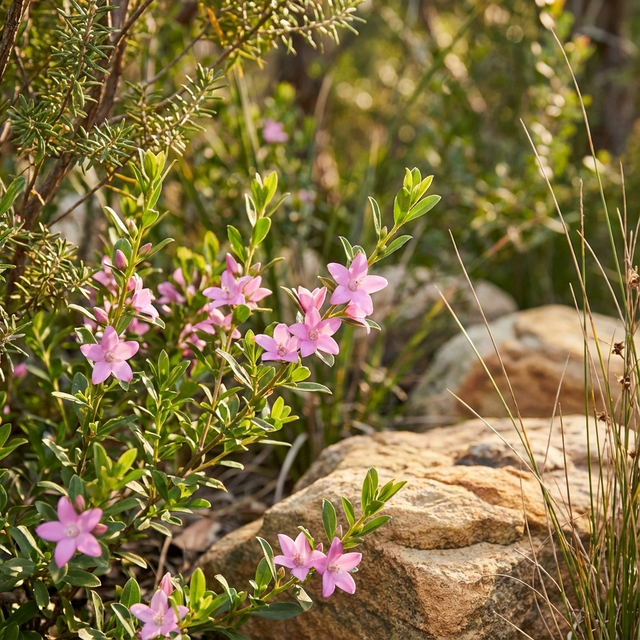 Pink star-shaped blooms of the Poorinda Ecstasy Waxflower (Crowea exalata hybrid 'Poorinda Ecstasy'), an Australian native, add vibrant color among green shrubs and rocks in a sunlit natural landscape.