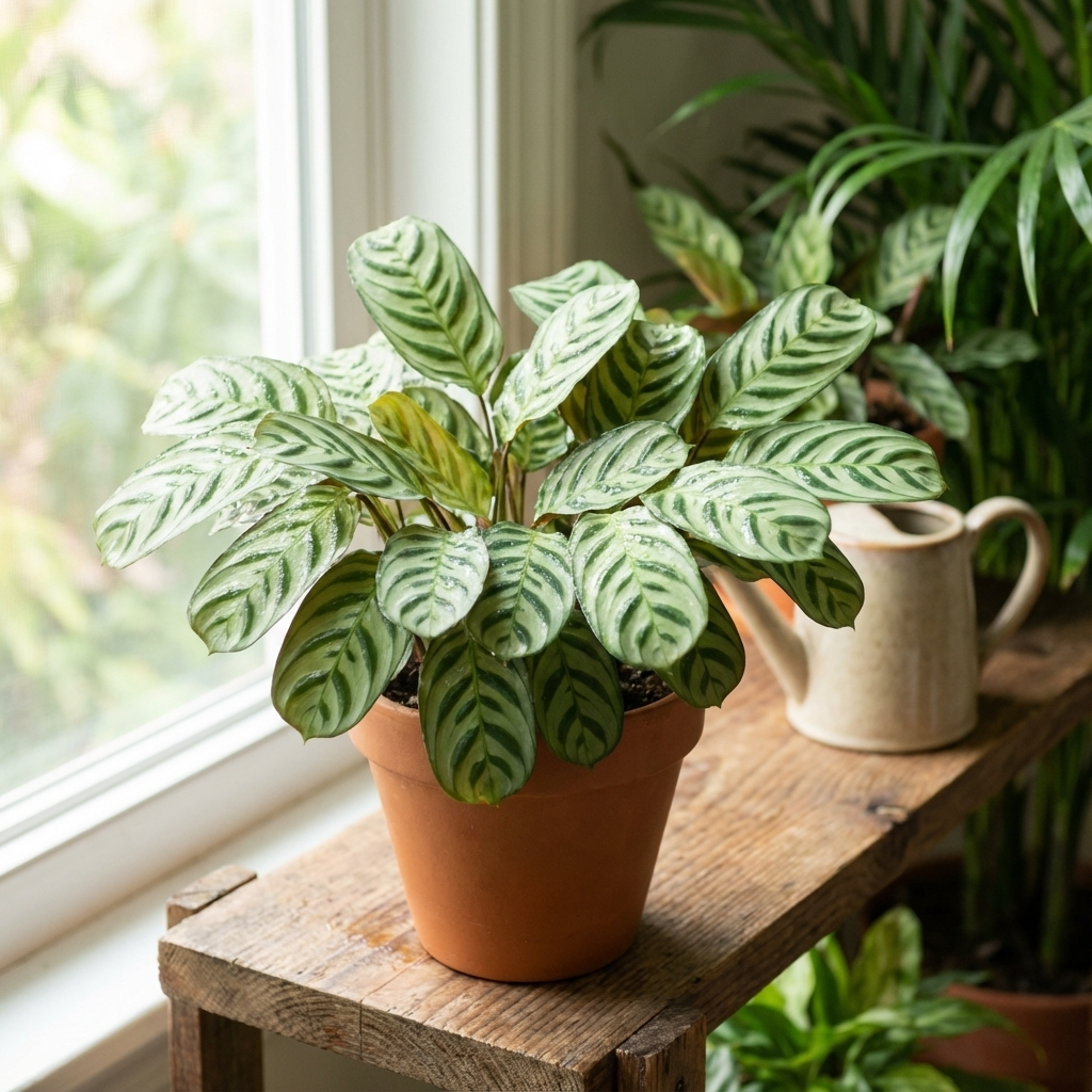 A potted Ctenanthe burle marxii with striking striped leaves is displayed on a wooden shelf beside a sunlit window.