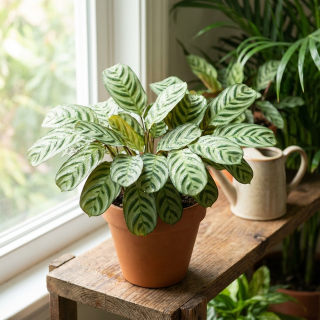 A potted Ctenanthe burle marxii with striped green leaves adds charm to any indoor space when placed on a shelf near a sunny window.