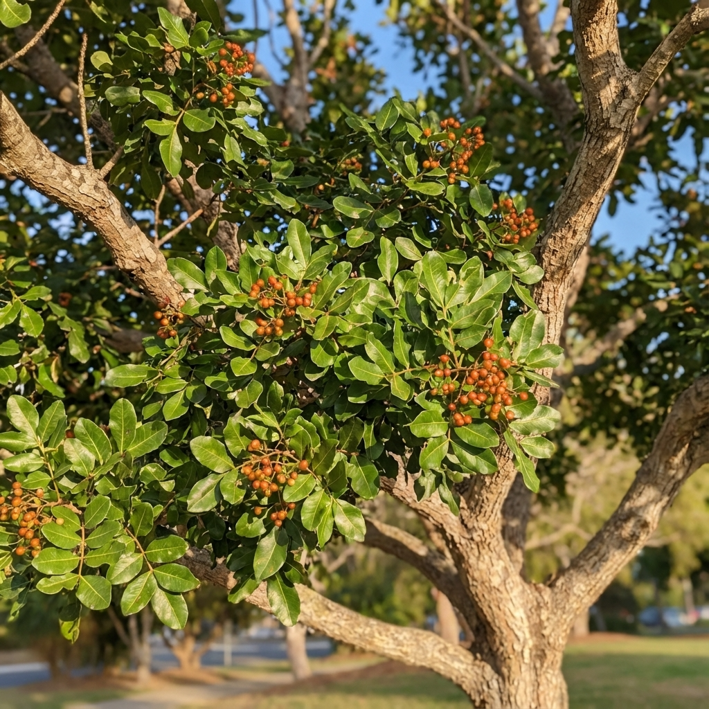 The Tuckeroo Tree (Cupaniopsis anacardioides) features glossy green leaves and clusters of orange berries, thriving in sunlight as a fast-growing shade tree.