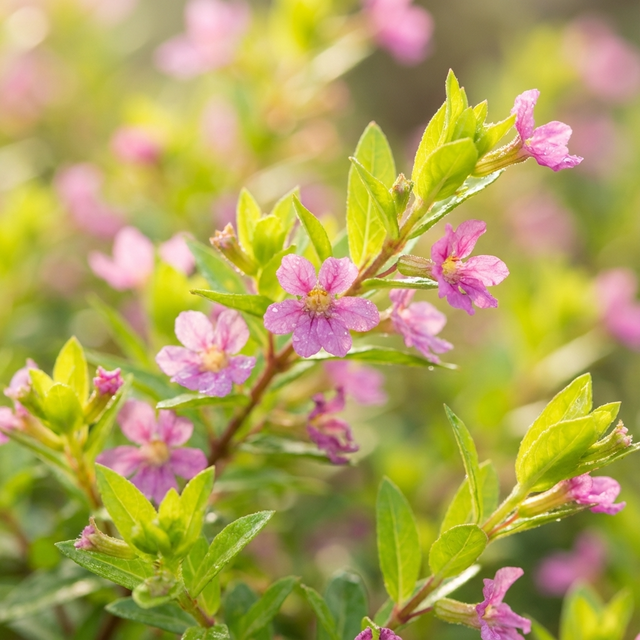 Small pink flowers bloom amid the bright green and golden-yellow foliage of the Aurea False Heather - Cuphea hyssopifolia ‘Aurea’ in soft sunlight.