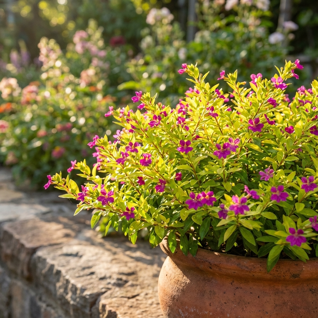 A terra cotta pot of small purple Golden Ruby False Heather (Cuphea hyssopifolia 'Golden Ruby') blooms sits on a stone ledge, surrounded by golden foliage in a sunlit garden.