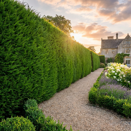 At sunset, a gravel path borders vibrant flowers and tall Leighton Green - Cupressocyparis leylandii privacy hedges beside a stone house.