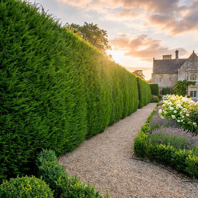 At sunset, a gravel path borders vibrant flowers and tall Leighton Green - Cupressocyparis leylandii privacy hedges beside a stone house.