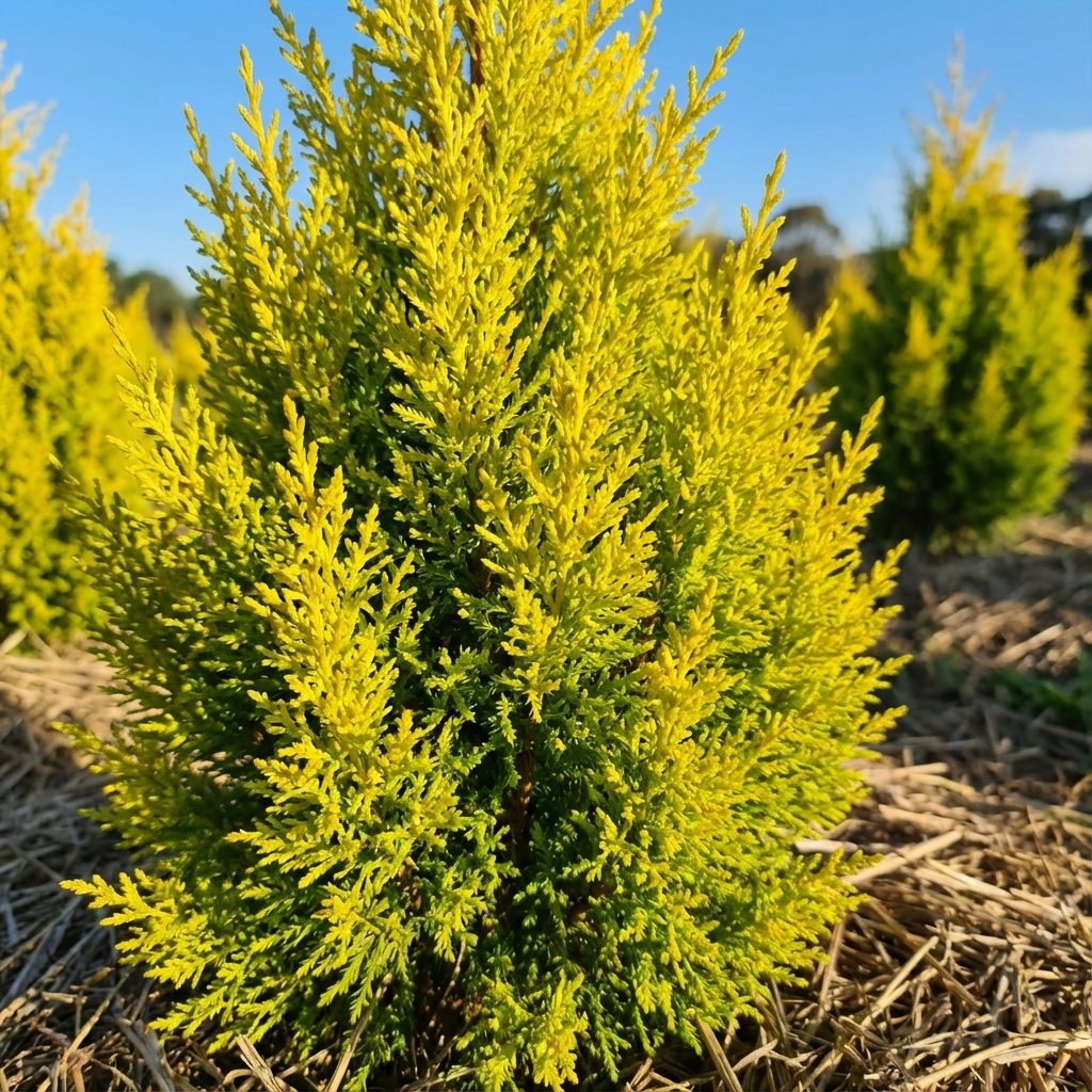 The Lemon cypress (Cupressus macrocarpa Lemon Scent), an evergreen with bright green foliage, thrives in sunlit fields and adds a subtle citrus fragrance to the air.
