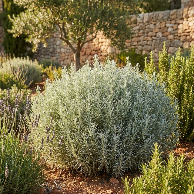 A dense Curry Plant (Helichrysum italicum) flourishes in a sunny Mediterranean garden, its green foliage set against stone walls and surrounded by other vibrant plants.