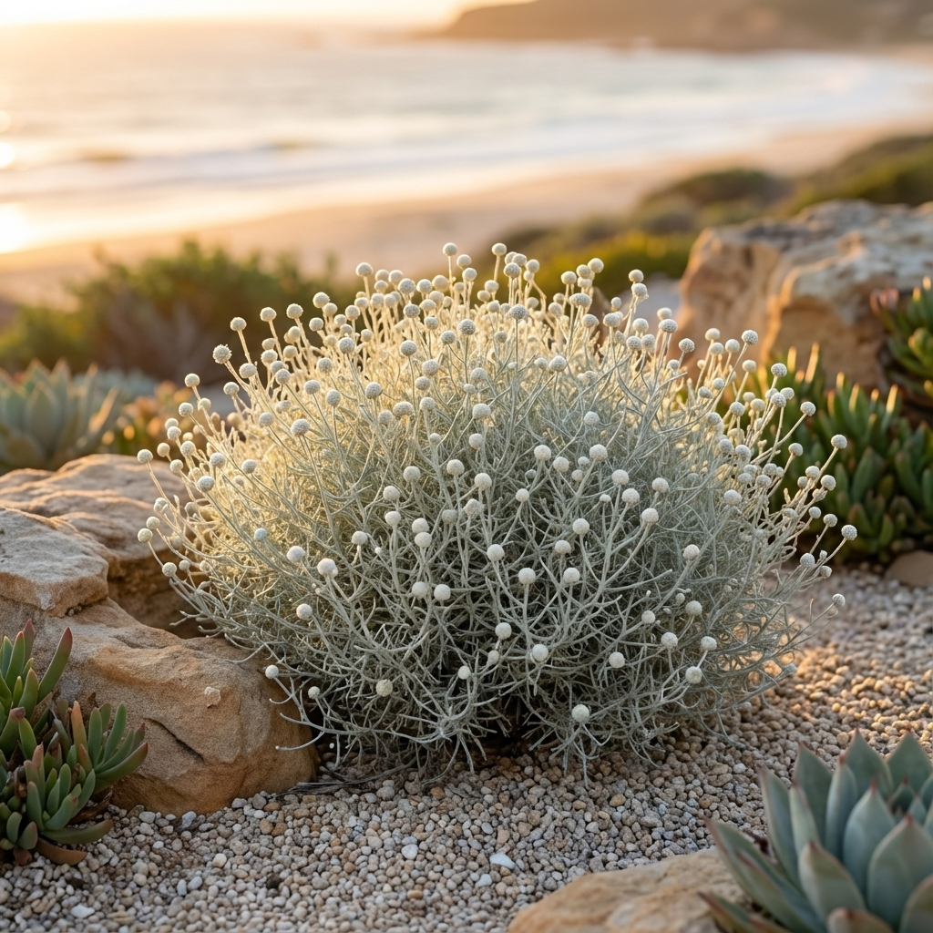 Leucophyta brownii (Cushion Bush) features silvery, round form with white buds and silver foliage, thriving among rocks on sandy beaches at sunset.