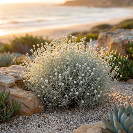 Leucophyta brownii (Cushion Bush) features silvery, round form with white buds and silver foliage, thriving among rocks on sandy beaches at sunset.