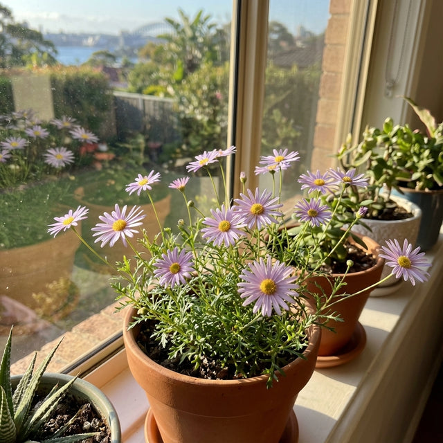The Cut Leaf Daisy ‘Blue Moon’ (Brachyscome iberidifolia ‘Blue Moon’) thrives in a sunny terracotta pot on your windowsill, offering vibrant purple blooms with a view of the garden beyond.