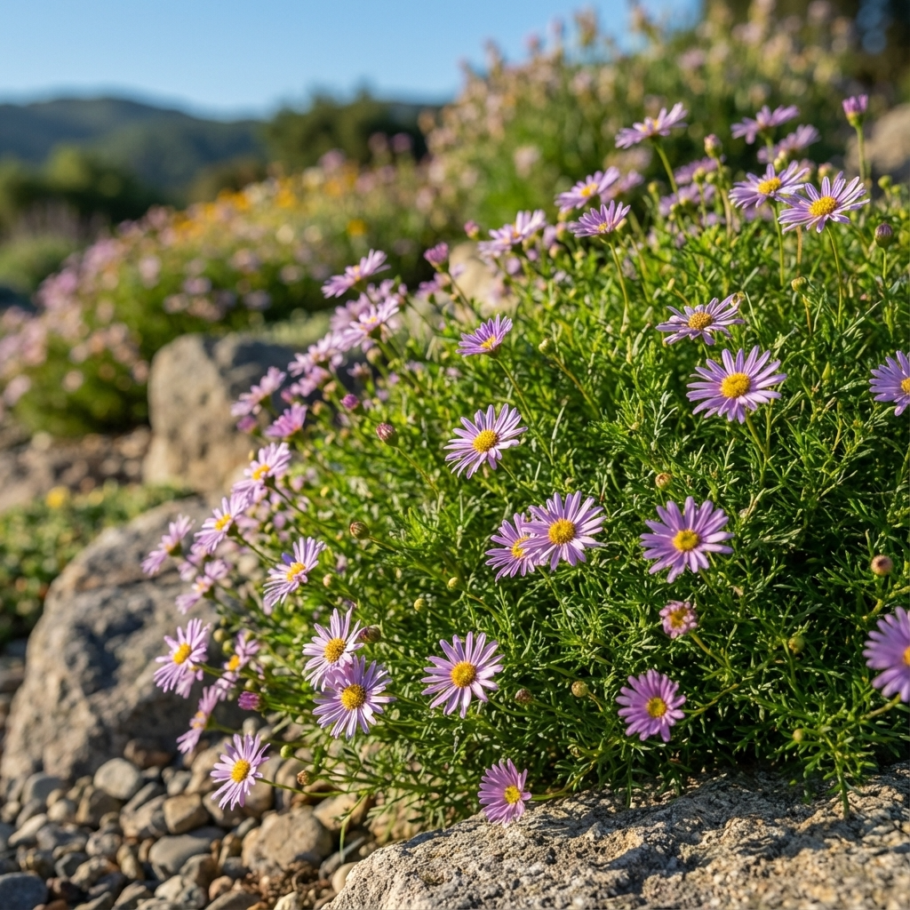 Cut Leaf Daisy ‘Mauve’ (Brachyscome iberidifolia ‘Mauve’), a drought-tolerant purple wildflower, blooms among rocks in a sunlit landscape with soft-focus mountains in the background.