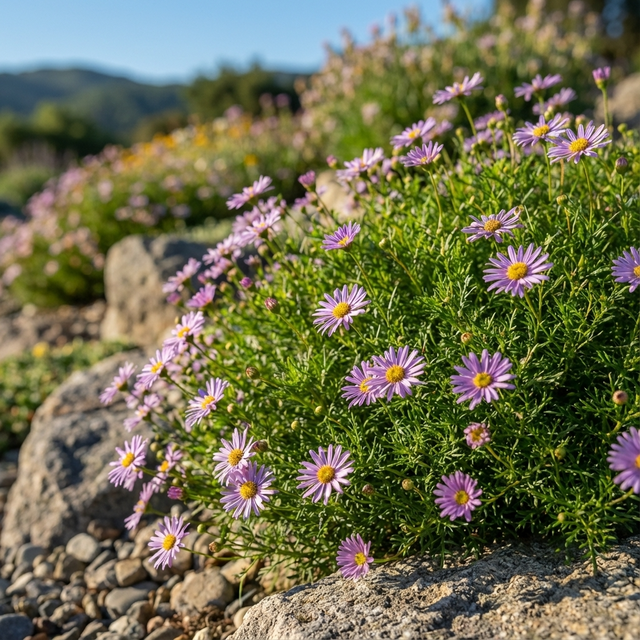 Cut Leaf Daisy ‘Mauve’ (Brachyscome iberidifolia ‘Mauve’), a drought-tolerant purple wildflower, blooms among rocks in a sunlit landscape with soft-focus mountains in the background.
