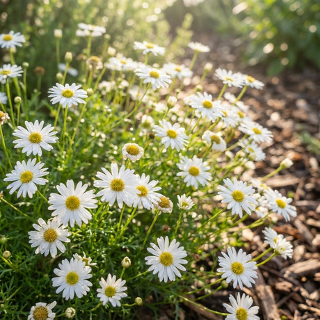 Cut Leaf Daisy ‘White Bliss’ (Brachyscome iberidifolia ‘White Bliss’) displays clusters of white blooms with yellow centers in sunny gardens, highlighting this drought-tolerant, white-flowering plant.