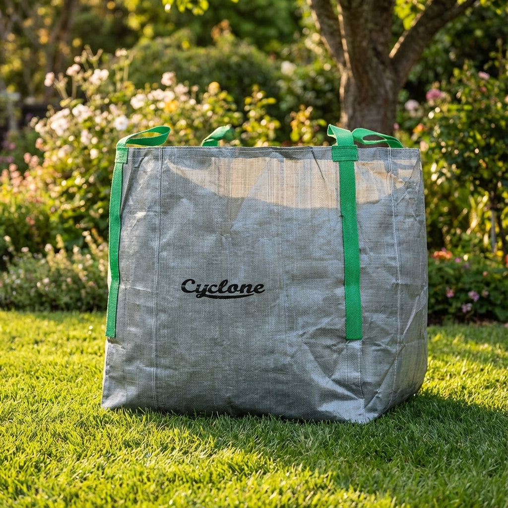 The Cyclone 1000L Cubic Metre Premium Garden Bag, in gray with green handles, sits on garden grass among trees and flowers, ready to handle heavy-duty garden waste and landscaping debris.