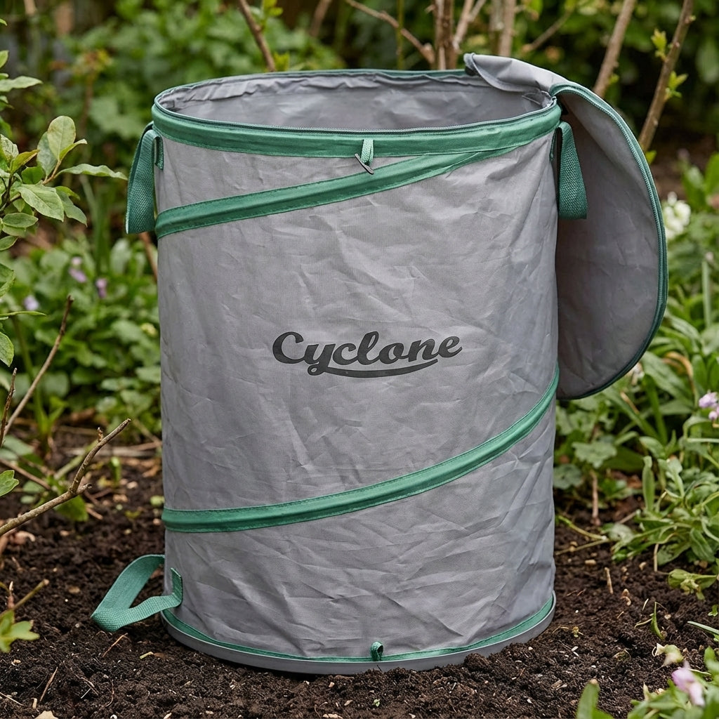 A Cyclone 175L Premium Pop-Up Garden Bag in gray and green sits on garden soil, ideal as a collapsible leaf collection bag for all your yard cleanup needs.