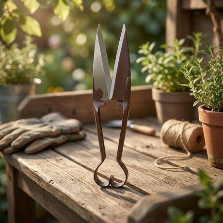 Cyclone 330mm Straight Shears standing upright on a wooden table, surrounded by potted plants, gloves, and twine.