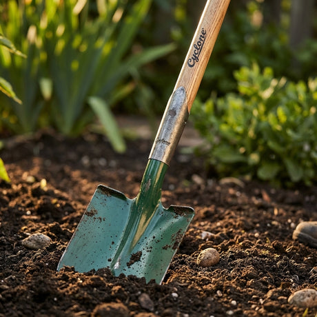 A green garden shovel with a wooden handle is stuck in soil beside a Sherlock Black Poly Cart - 67 Litres, surrounded by plants and sunlight.