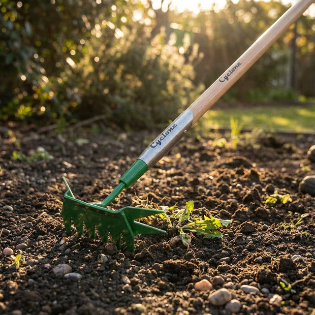The Cyclone Multi Surface Weeder Long Timber Handle loosens soil in a sunlit garden, surrounded by small green plants and pebbles.