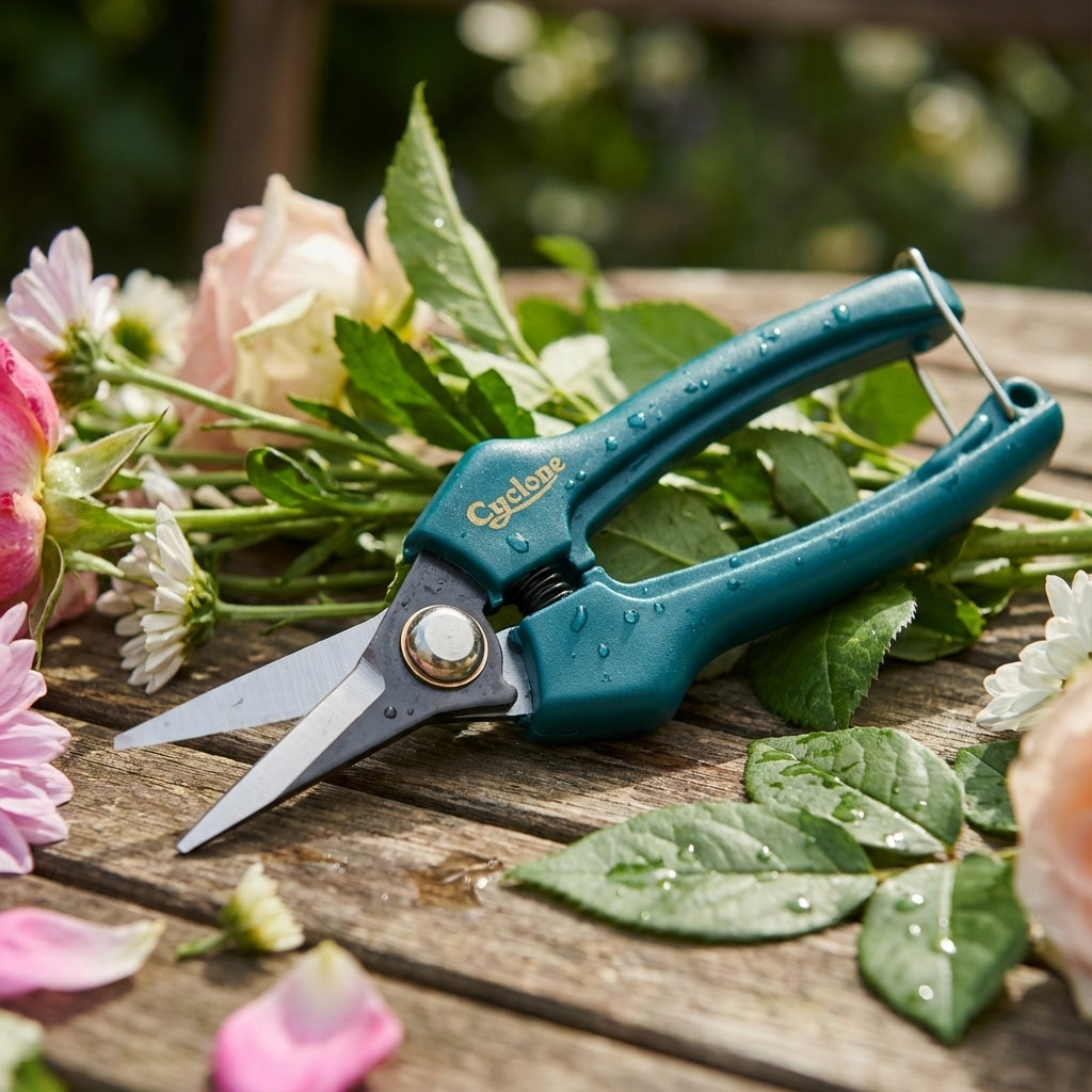 Cyclone Pruner Floral Snips with water droplets rest on a wooden table among freshly cut flowers and leaves, ready for precise trimming tasks.