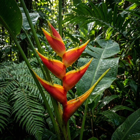 The Daintree Heliconia (Heliconia psittacorum x spathocircinata ‘Daintree’) showcases vivid orange-yellow blooms set against lush green tropical foliage in a rainforest environment.