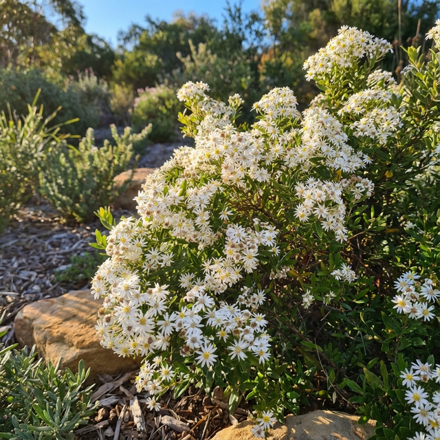A dainty Daisy Bush ‘Spring Bling’ (Olearia phlogopappa hybrid) blooms with small white flowers in a sunlit garden, surrounded by lush greenery and rocks.