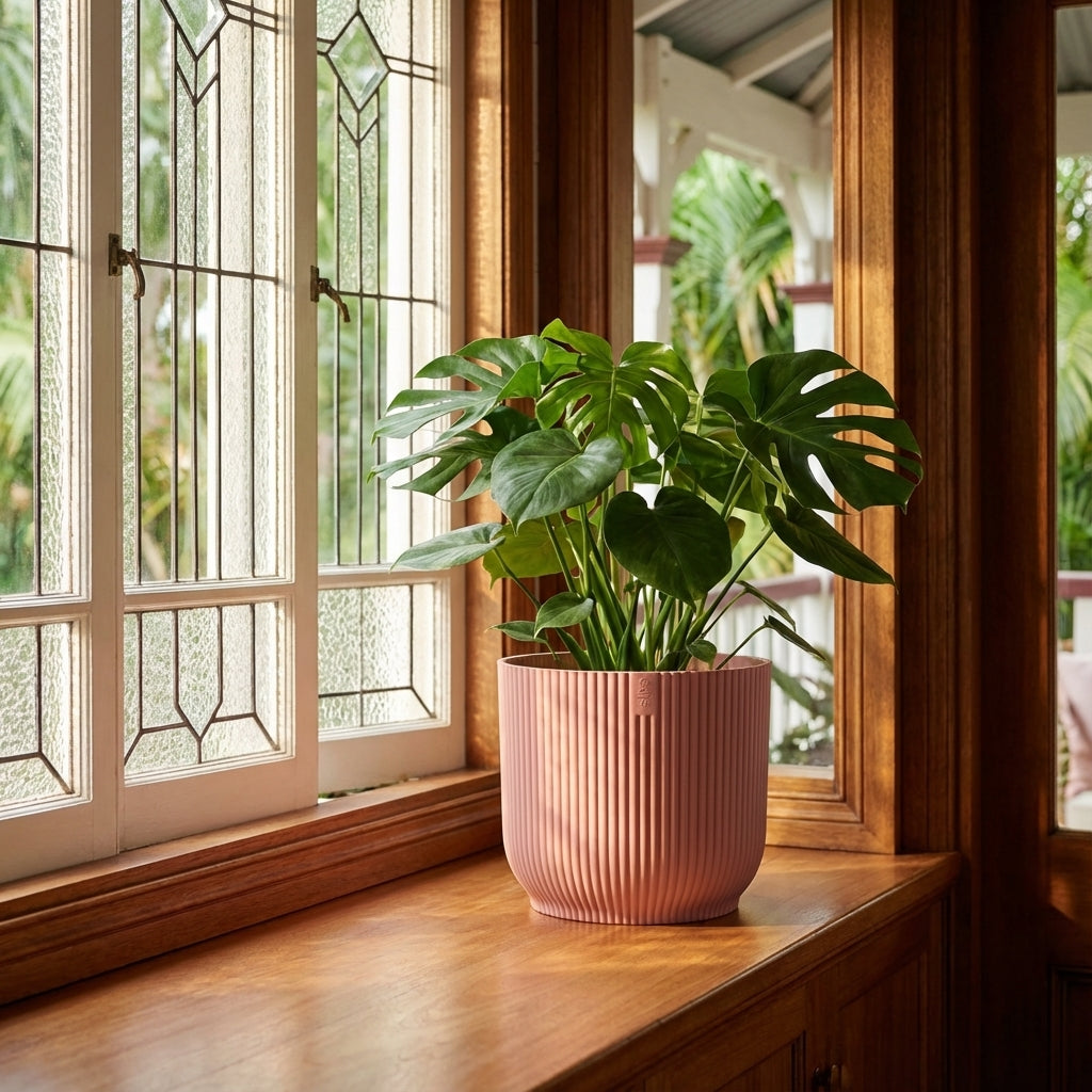 A monstera plant sits in a Delicate Pink Vibes Indoor Plant Pot (various sizes available) on a wooden windowsill beside a glass window.