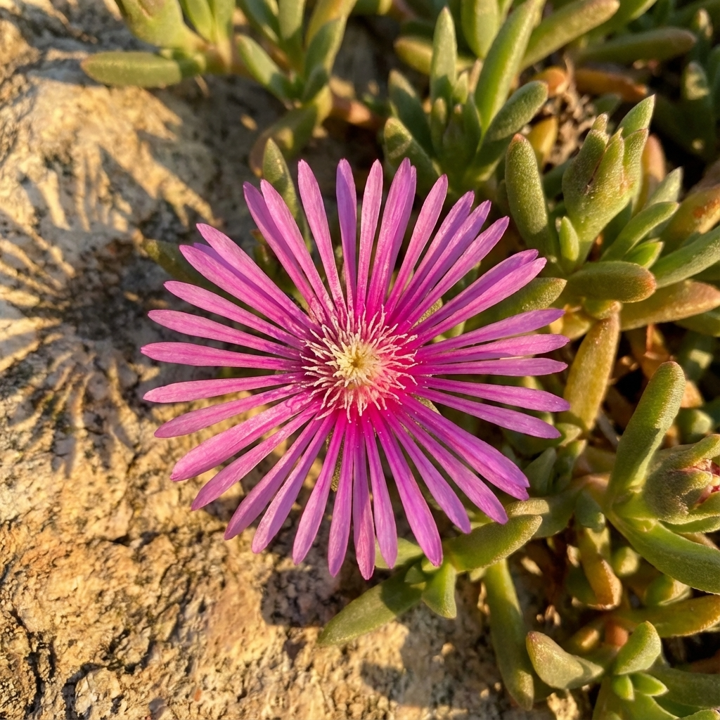 The Ice Plant - Delosperma cooperi displays vibrant pink blooms above green foliage and rocky soil in bright sunlight, highlighting its beauty and drought tolerance as a colorful groundcover.